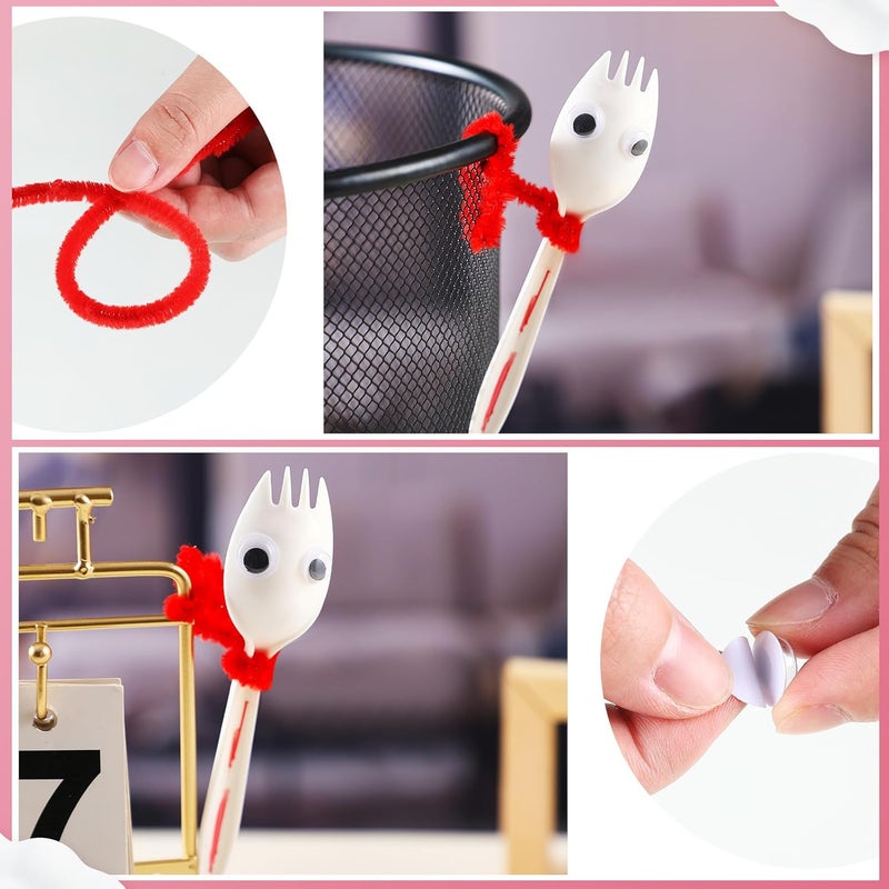 Relaxgiant 50 Set Fork Craft Kit DIY Disposable Creativity Sporks Red Pipe Cleaners Self Adhesive Wiggle Googly Eyes Make Your Own Craft Kit - Image 5